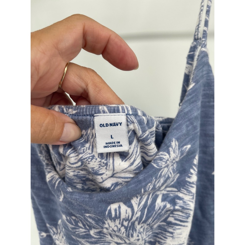 Old Navy Blue Palm Floral Sleeveless Knit Dress Elastic Waist Cotton Large - Picture 4 of 10